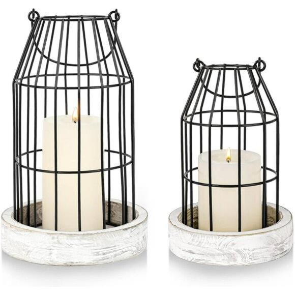 Rustic Wire Metal Cloche Set Decorative Candle Lantern Farmhouse Indoor Outdoor - Picture 1 of 8